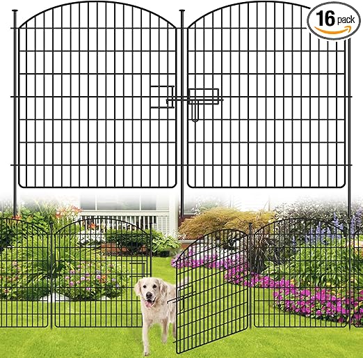 16 Panels No Dig Garden Fence with Gate, 32in x 38.6ft Decorative Dog Fence Outdoor for Yard, Tall Animal Barrier Fencing Rustproof Metal Garden Edging Border, Temporary Fencing for Outdoor, Patio
