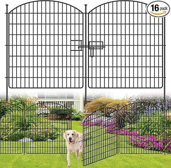 16 Panels No Dig Garden Fence with Gate, 32in x 38.6ft Decorative Dog Fence Outdoor for Yard, Tall Animal Barrier Fencing Rustproof Metal Garden Edging Border, Temporary Fencing for Outdoor, Patio