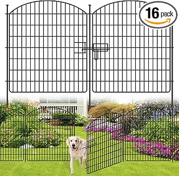 16 Panels No Dig Garden Fence with Gate, 32in x 38.6ft Decorative Dog Fence Outdoor for Yard, Tall Animal Barrier Fencing Rustproof Metal Garden Edging Border, Temporary Fencing for Outdoor, Patio