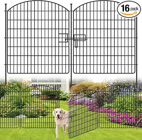 16 Panels No Dig Garden Fence with Gate, 32in x 38.6ft Decorative Dog Fence Outdoor for Yard, Tall Animal Barrier Fencing Rustproof Metal Garden Edging Border, Temporary Fencing for Outdoor, Patio