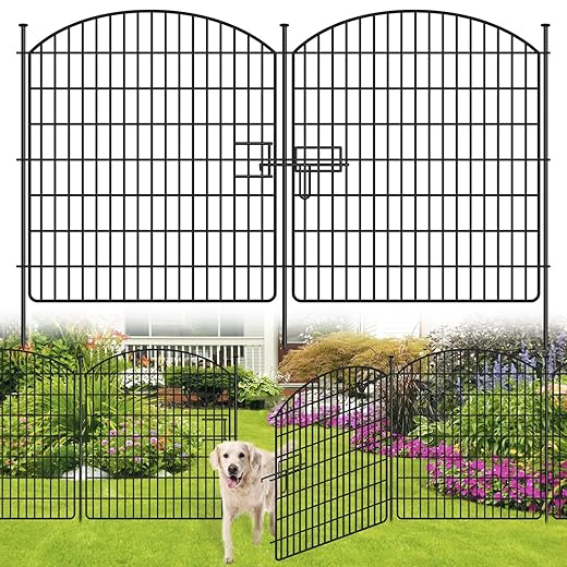 16 Panels No Dig Garden Fence with Gate, 32in x 38.6ft Decorative Dog Fence Outdoor for Yard, Tall Animal Barrier Fencing Rustproof Metal Garden Edging Border, Temporary Fencing for Outdoor, Patio