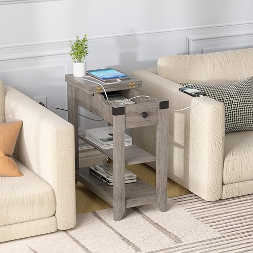 Miniatura 8 de Set of 2 Narrow End Tables, Flip Top Side Tables with Charging Station, Farmhouse Nightstands with Storage for Small Spaces, Sofa Bedside Tables for