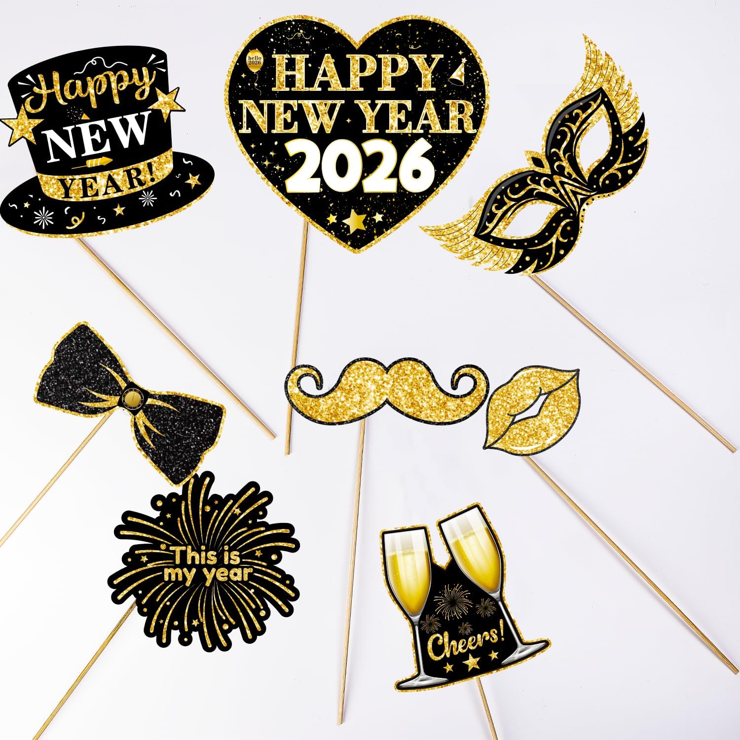 2026 Happy New Years Decorations Photo Booth Props New Years Eve Party Supplies 2026 Black and Gold Photo Props for Celebratory NYE, Cheers to The New Year - Image 4