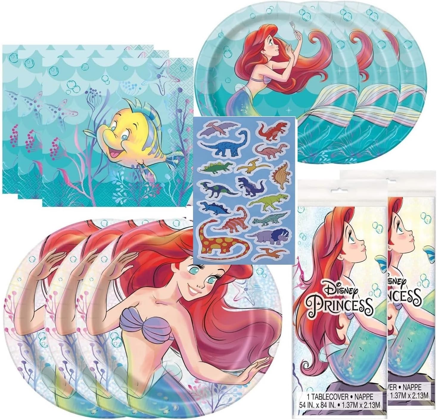 Unique Little Mermaid Ariel Themed Party Bundle Pack - Includes 24 Lunch Paper Plates, 24 Dessert Cake Paper Plates, 48 Lunch Napkins, 2 Matching Table Cover, 1 Dinosaur Sticker Sheet (Bundle for 24)