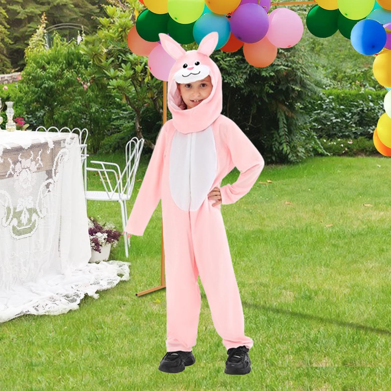 Costume Lapin de Pâques Ensemble Complet Enfant Tenue Bunny Jumpsuit Confort Polyestér Convient pour Fête Déguisée Spectacle École Maison, Rose, L