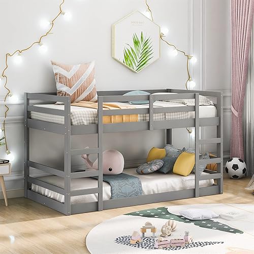 Miniatura 3 de Harper & Bright Designs Litera individual sobre individual para niños, litera baja con escalera y barandillas de seguridad, marco de litera de gris