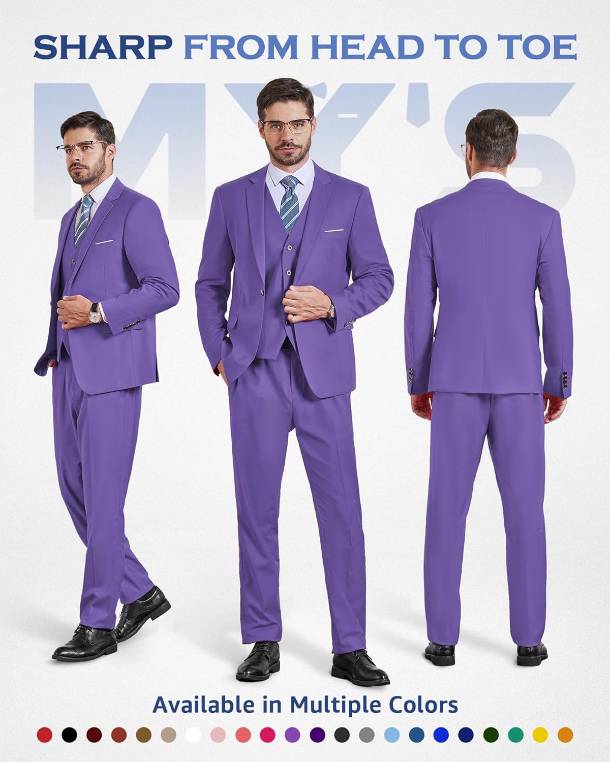 MY'S Men's 3 Piece Slim Fit Suit Set, One Button Solid Jacket Vest Pants... - Picture 98 of 138