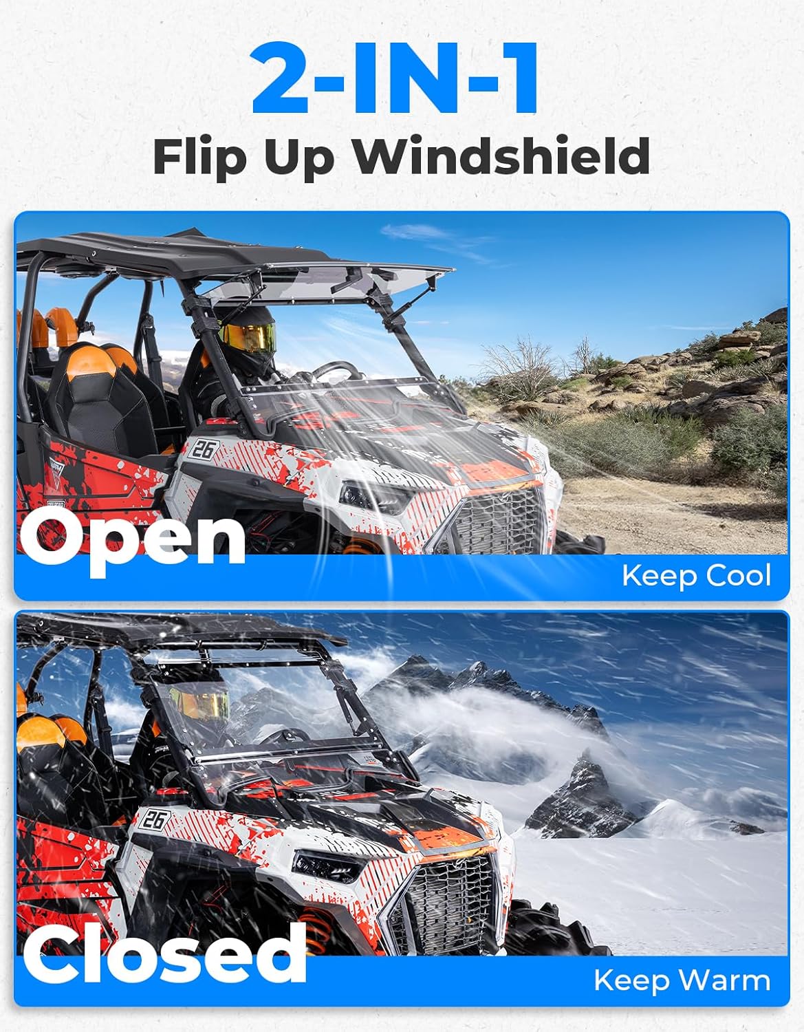 KEMIMOTO 19-23 XP 1000 Flip Up Windshield Upgraded Fit and Seal, Compatible with 2019-2023 Polaris RZR XP 1000 /RZR XP Turbo 2 and 4 Seater, Heavy Duty 2-IN-1 Folding Window Hard Coated PC
