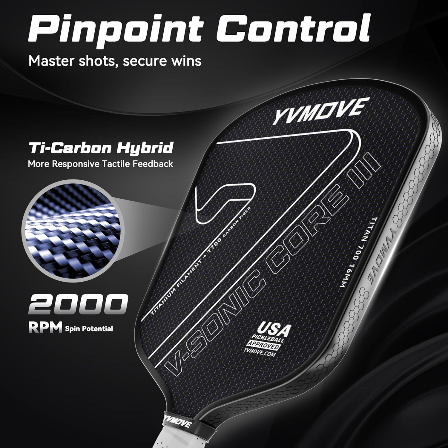 Pickleball Paddles for Advanced Players | Control & Power | Ti-Carbon Hybrid Face | V-Sonic IV Kinetic Core 16MM | Large Sweet Spot | Mid-Weight | Extended Grip | USAPA Approved - Image 2
