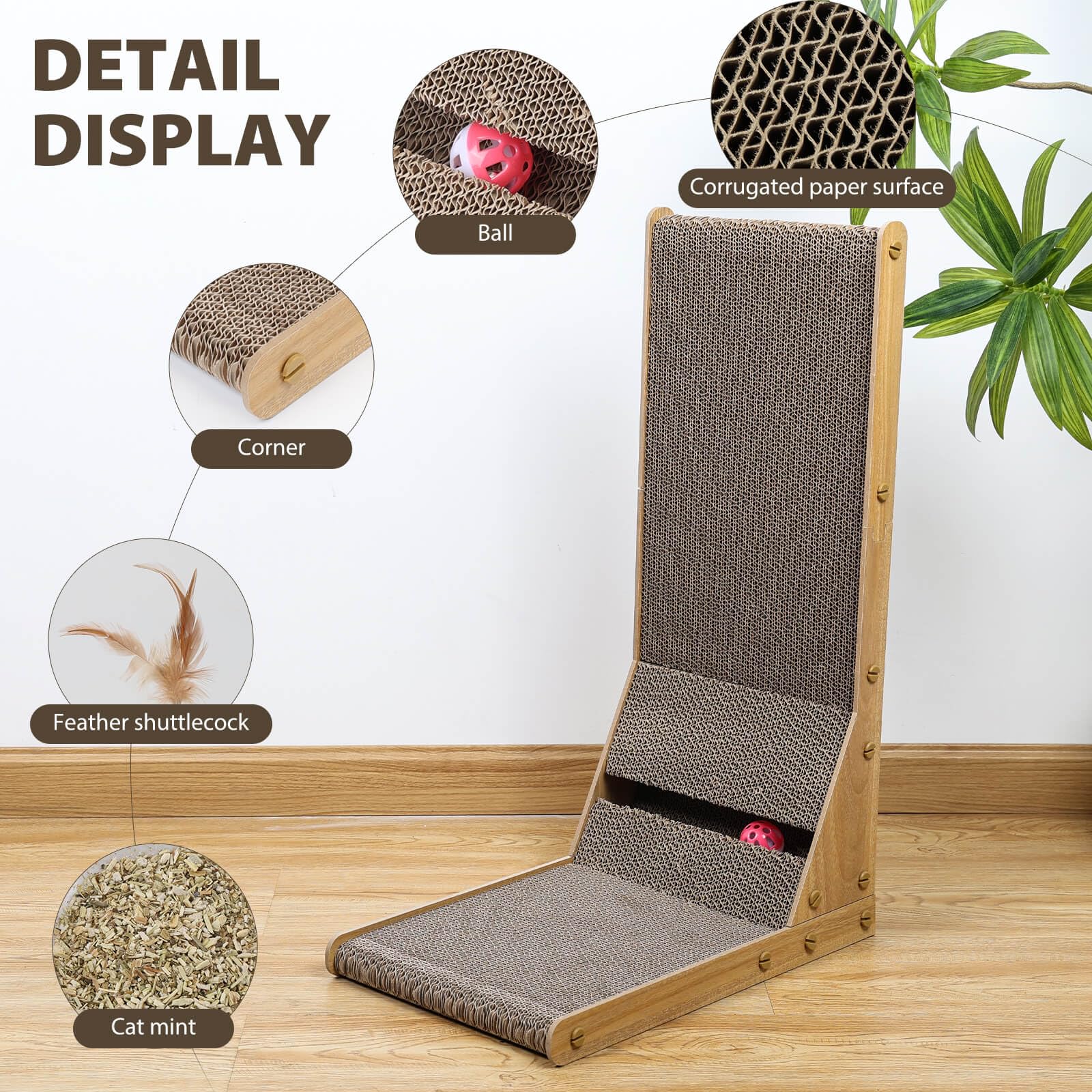 L Shape Cat Scratcher 23.9 Inch, Pad Wall Mounted for Indoor Cats, Tall Scratching Post with Ball Toy, Corner Cardboard Cat Scratch Pad for House Couch Corner, Protecting Furniture, Large Size