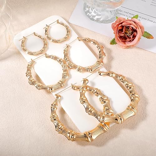 Miniatura 3 de Bamboo Earring Large Bamboo Hoop Earrings for Women 80s 90s Door Knocker Earring Hip Hop Chunky Gold Hoop Earrings Trendy Women Jewelry Party Custom