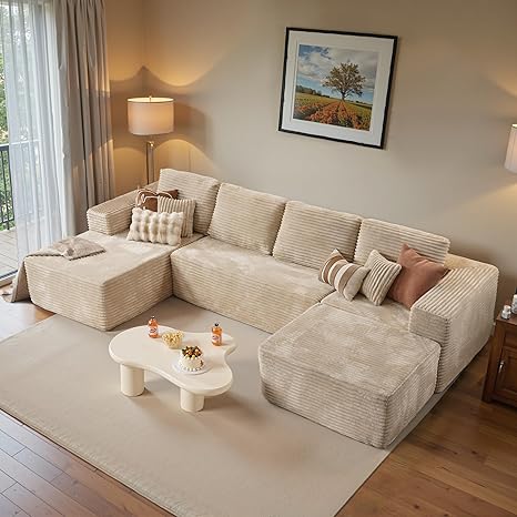 ovios Sectional Cloud Couch for Living Room, Modular Floor Sofa with Plush Corduroy, No Assembly Required, Big Comfy Couches Set with Fluffy Memory Foam, Stupendous U Shaped Sofas with Chaise, Beige
