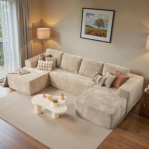 ovios Sectional Cloud Couch for Living Room, Modular Floor Sofa with Plush Corduroy, No Assembly Required, Big Comfy Couches Set with Fluffy Memory Foam, Stupendous U Shaped Sofas with Chaise, Beige