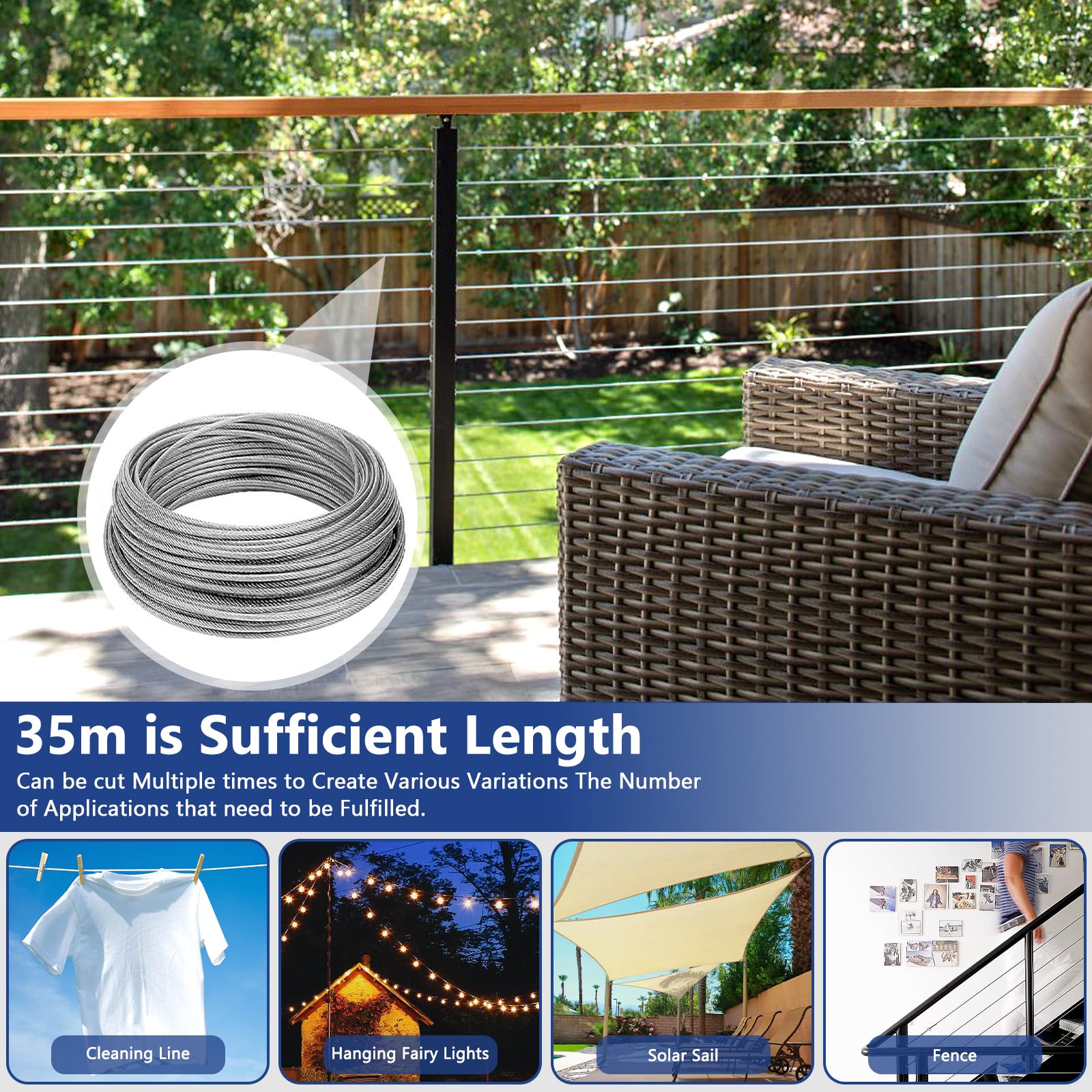 35/3mm Corde en Acier Inoxydable, Cable Acier Suspendre Kit, 304 Câble en Acier Inoxydable Kit, fil a Linge PVC Enrobage Avec Tendeur Crochet, pour Plantes Grimpante, Outdoor Suspension