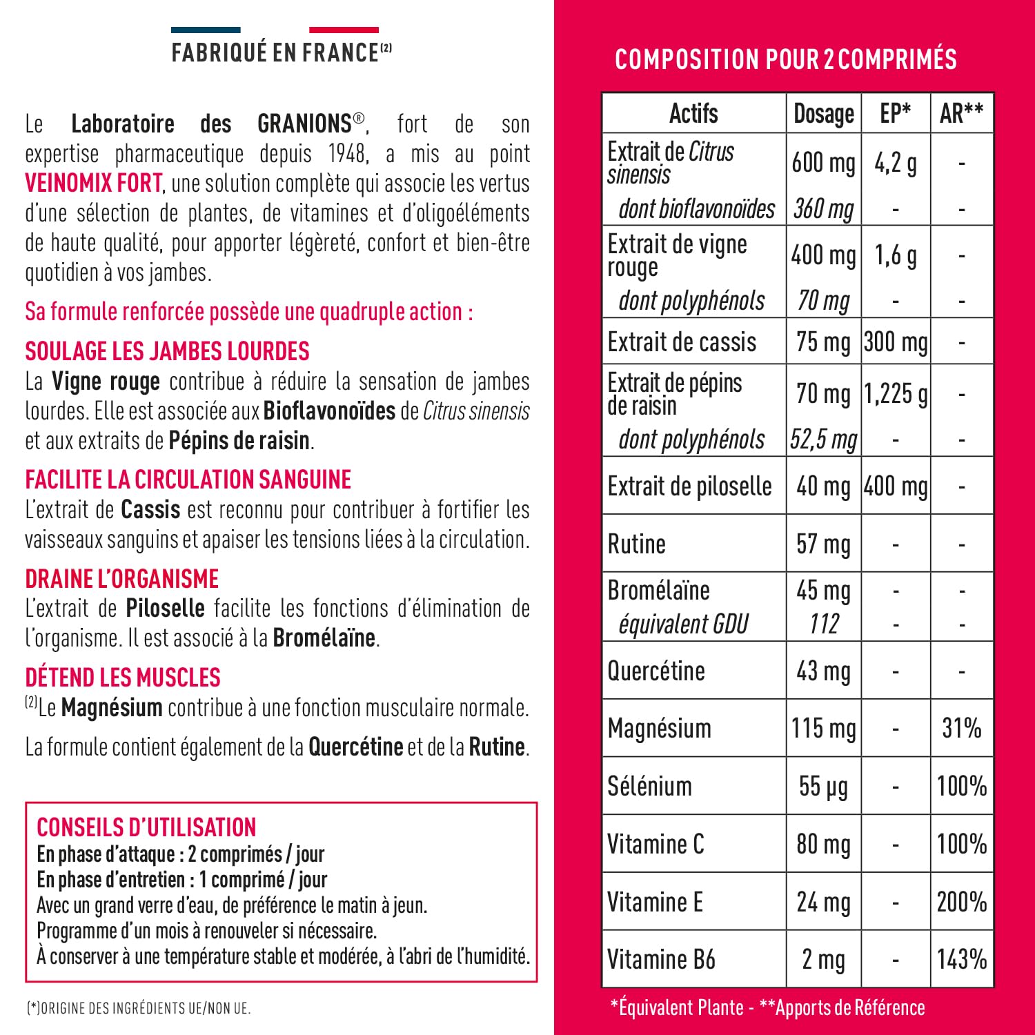 GRANIONS - VEINOMIX FORT - Retention d'eau drainant puissant - Circulation Sanguine Jambes - Vigne rouge + Vitamine C + Vitamine E - Vigne rouge Circulation - Jambes Lourdes - 30 comprimés - 1 mois - 3