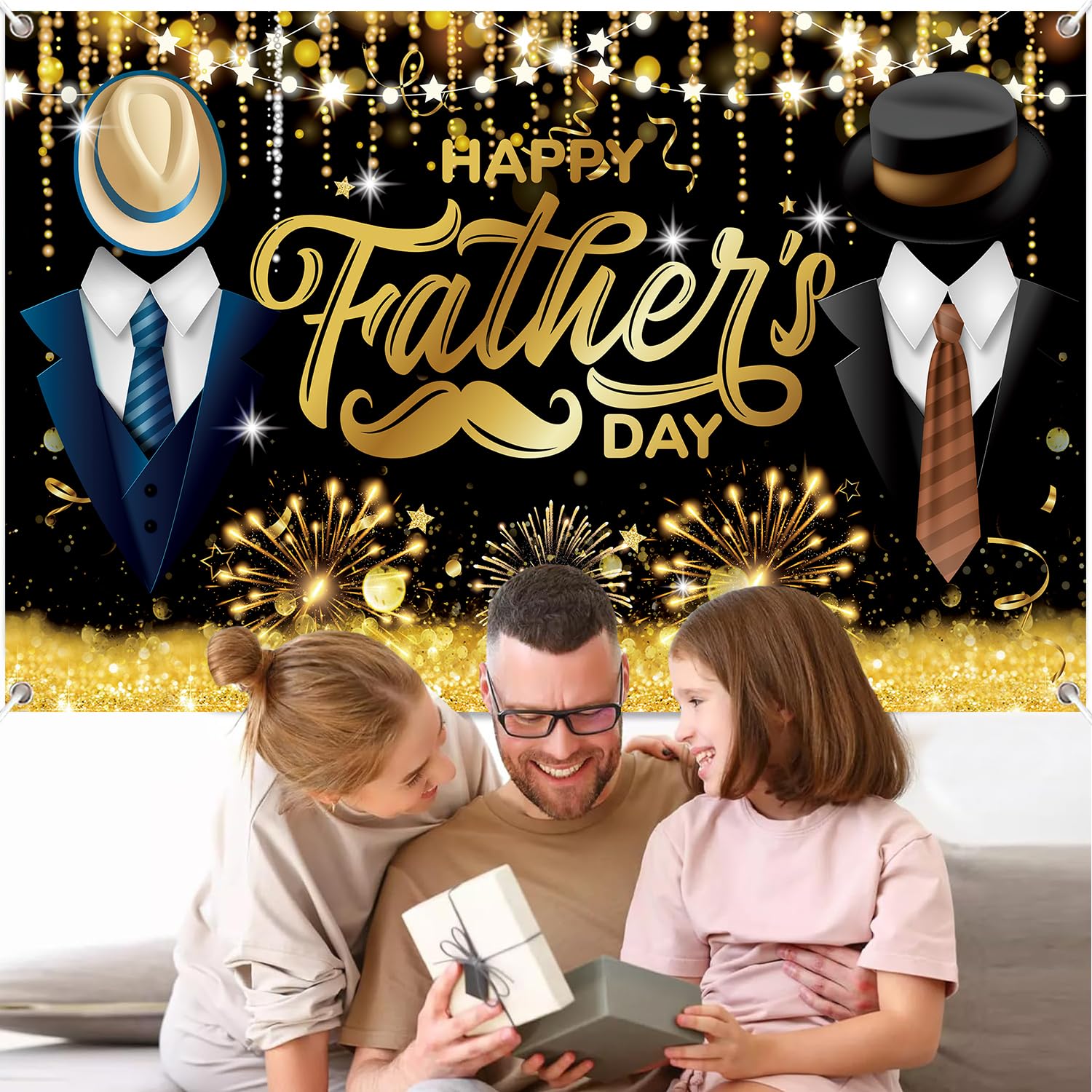 LECONCES Happy Fathers' Day Decorations, Large Happy Fathers Day Backdrop Banner Black and gold - Image 2