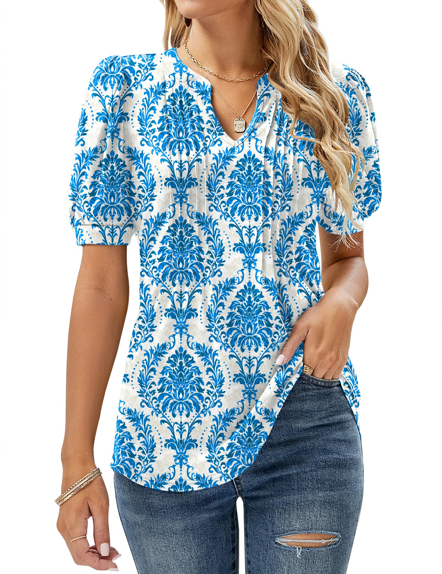 Womens V Neck Tops Puff Short Sleeve T-Shirt Pleated Floral Printed Tunic Blouse Shirts — view 23
