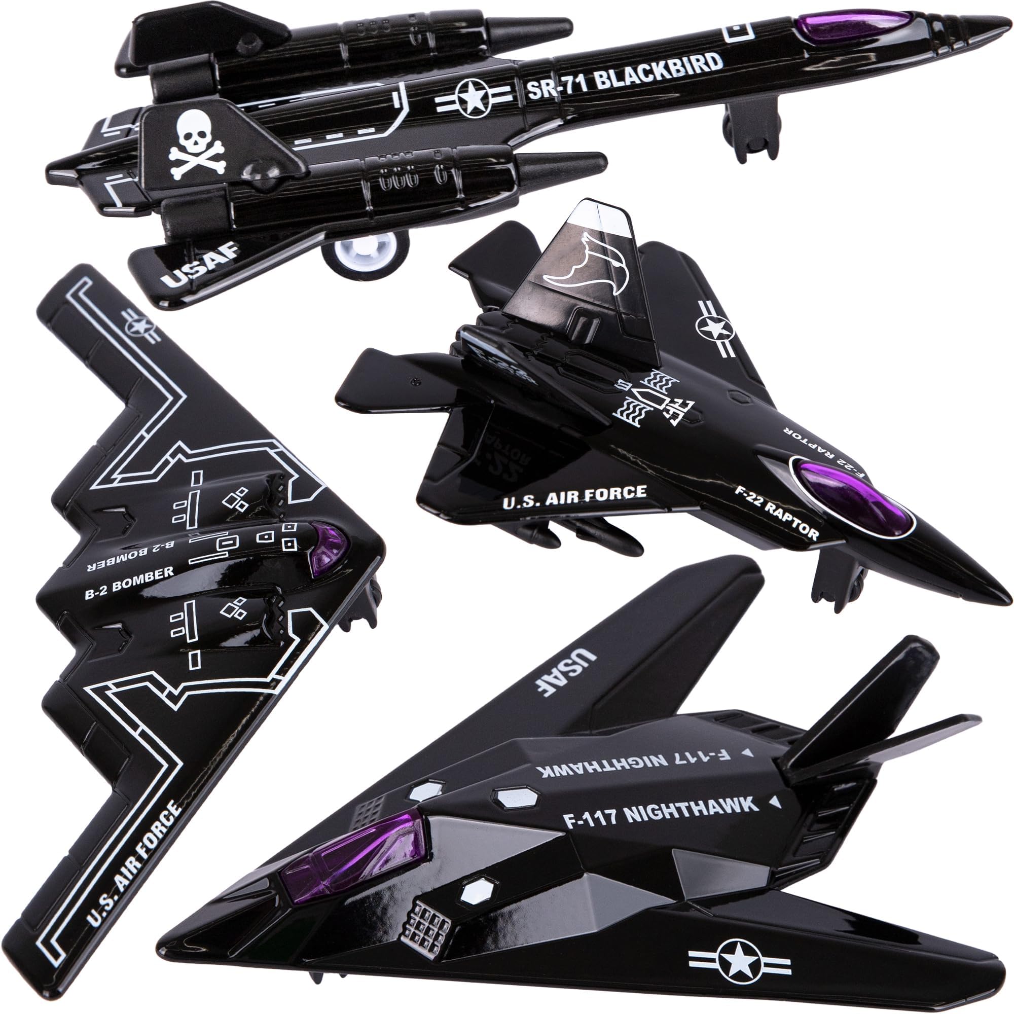 ArtCreativity Diecast Stealth Bomber Toy Jets with Pullback Action, Diecast Metal Jet, Airplane Toys, B-2 Bomber, SR-71 Blackbird, F-22 Raptor and F-117 Nighthawk, Military Toys for Kids