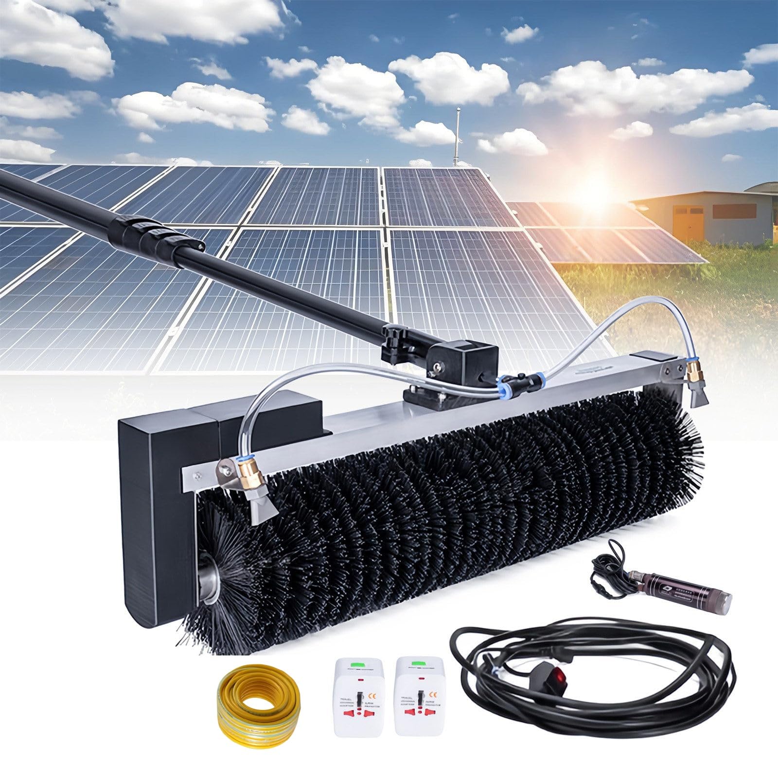 Spazzola a Rullo per la Pulizia dei Pannelli solari,Kit Spazzola elettrica per la Pulizia degli Esterni-Spazzola con Rotazione Automatica a 360°(60cm)+Asta telescopica Regolabile(7.5m/25ft)