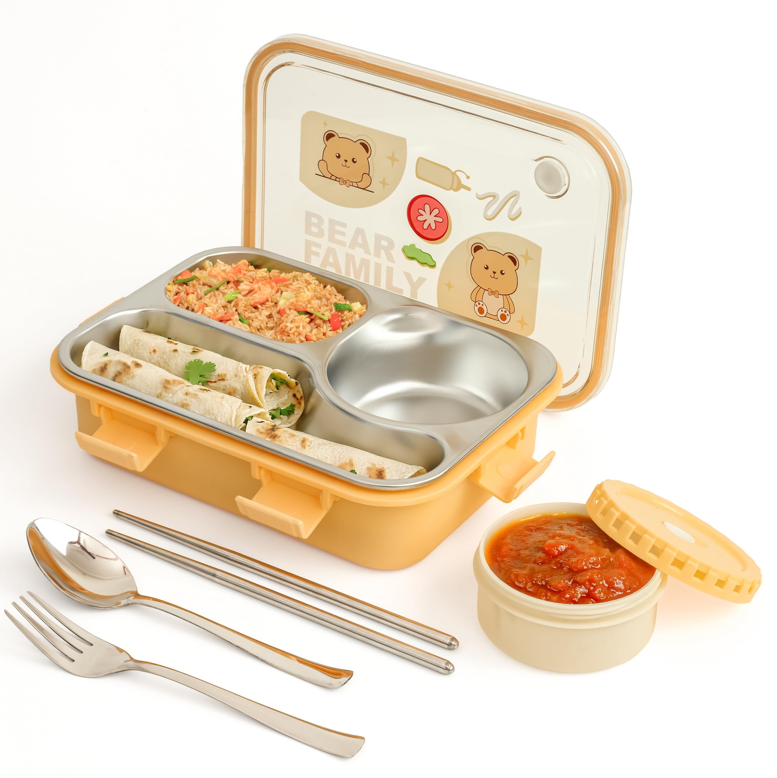 TEC TAVAKKAL Lunch Box 3 Compartment Leak-Proof BPA Free Stainless Steel, Lunch Box for Kids, Lunch Box for School & Office with a Fork, a Spoon and a Pair of Chopsticks (Bear Family Yellow)