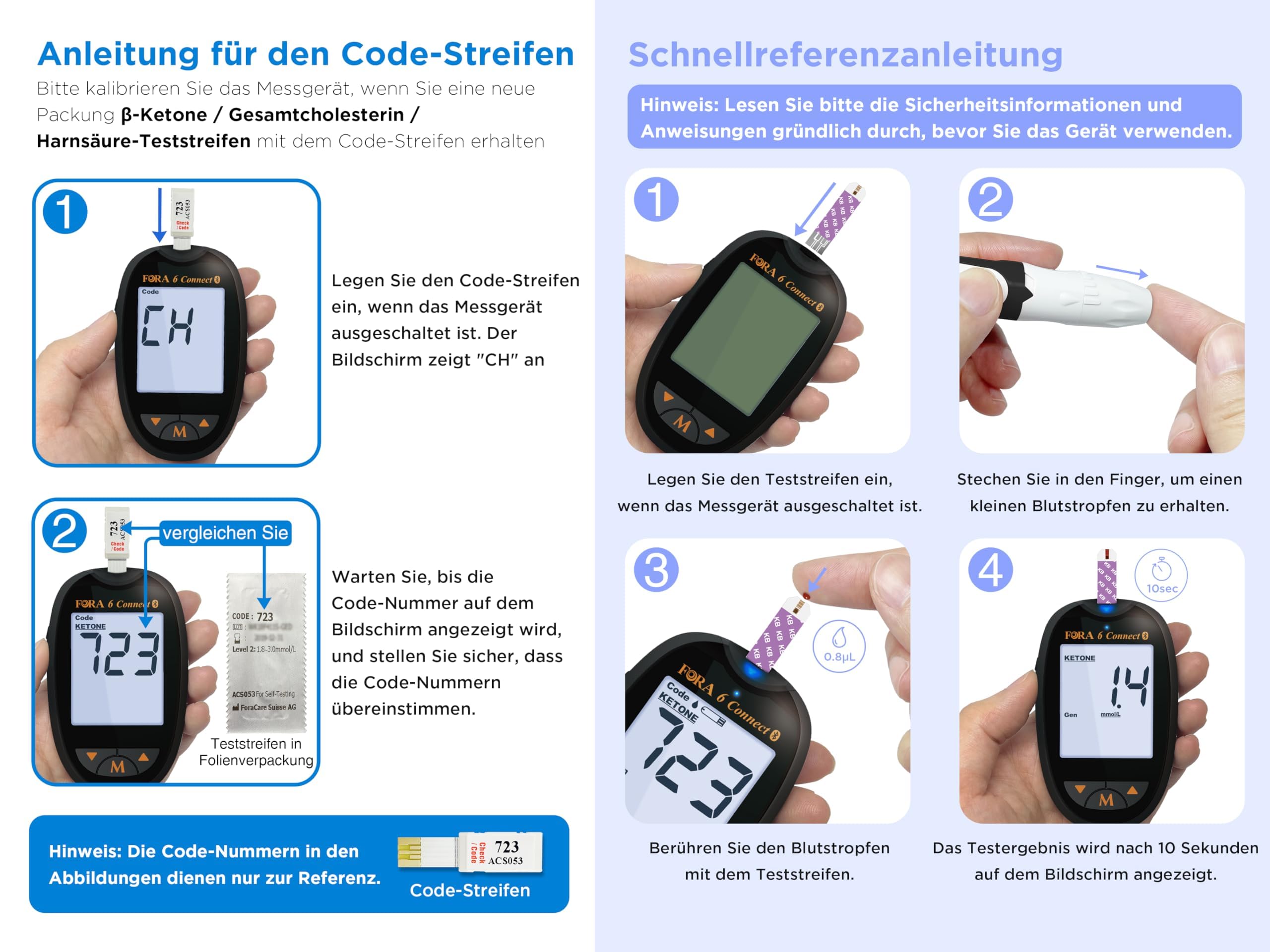 FORA Blutzuckermessgerät Set (mg/dl) – inkl. 50 Stück Blutzucker-Teststreifen, 25 Stück 3-in-1 Teststreifen (Glukose, Hämatokrit, Hämoglobin, einzeln verpackt) & 10 Stück β-Keton-Teststreifen