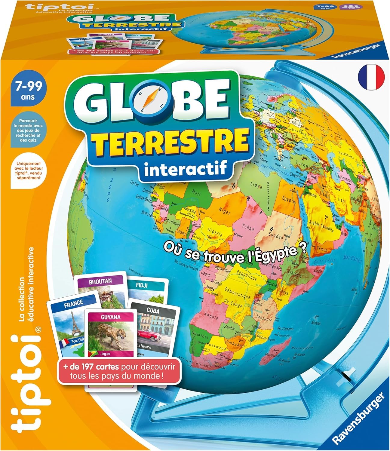 Ravensburger tiptoi Interactive Globe, juego educativo para niños sin pantalla, aprende geografía y el mundo, 200 cartas, a partir de 7 años, el lector tiptoi se vende por separado, versión en francés
