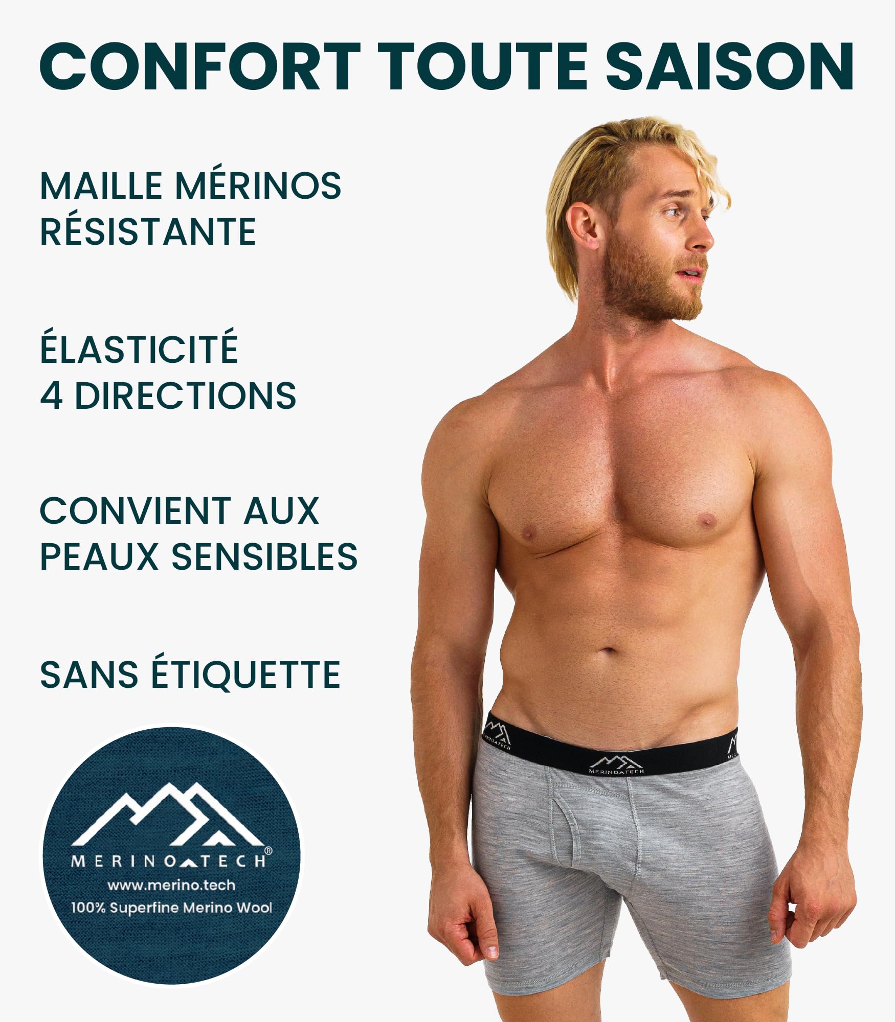 Merino.tech sous Vetement Merinos Homme - Boxer Calson pour Homme 100% Laine Merinos