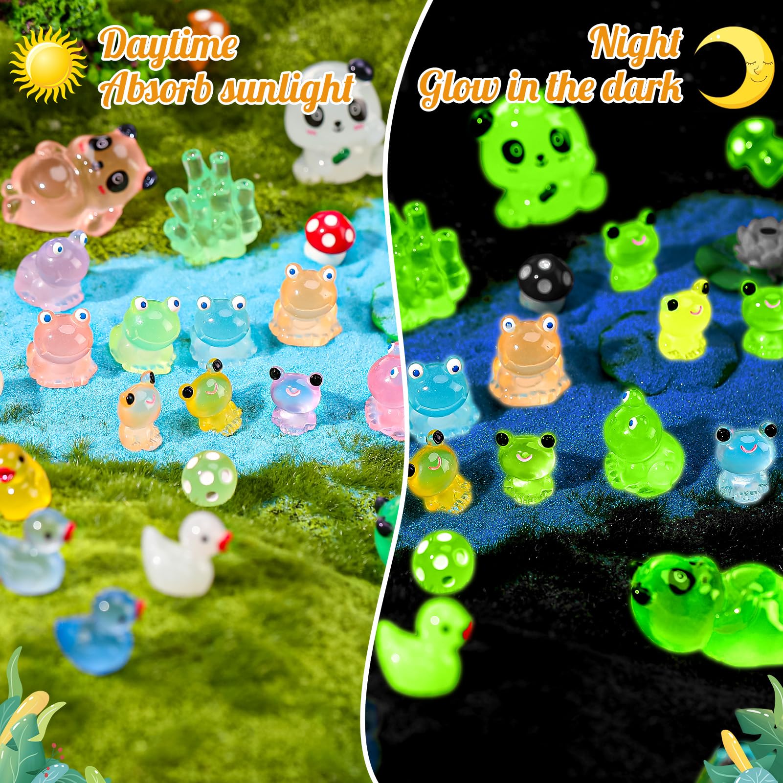 GSrenyu 126 Pcs Mini Resin Animals, Luminous Resin Ducks, Frogs, Dogs, Pandas, Mushrooms - Image 3