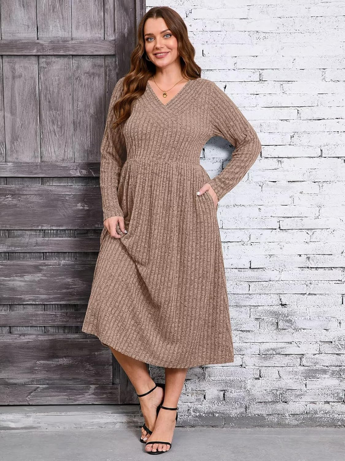 BELAROI Plus Size Maxi Sweater Dresses for Curvy Women Long Sleeve Midi Fall Winter V Neck - Image 4