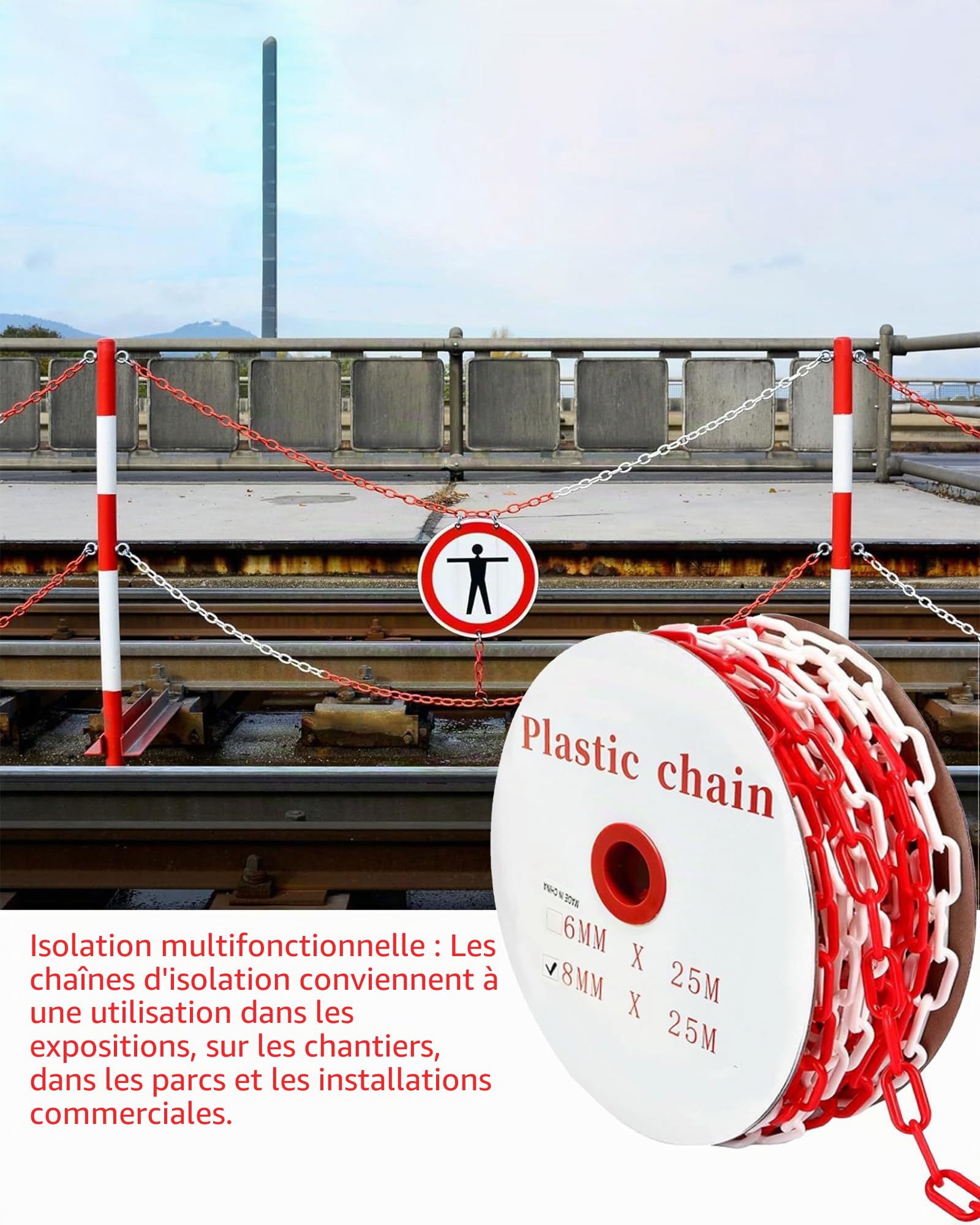 Chaîne de signalisation rouge et blanc en plastique : Generic 25 m x 8 mm Chaîne de signalisation en plastique pour barrières temporaires Résistant aux UV pour installations extérieures pour les