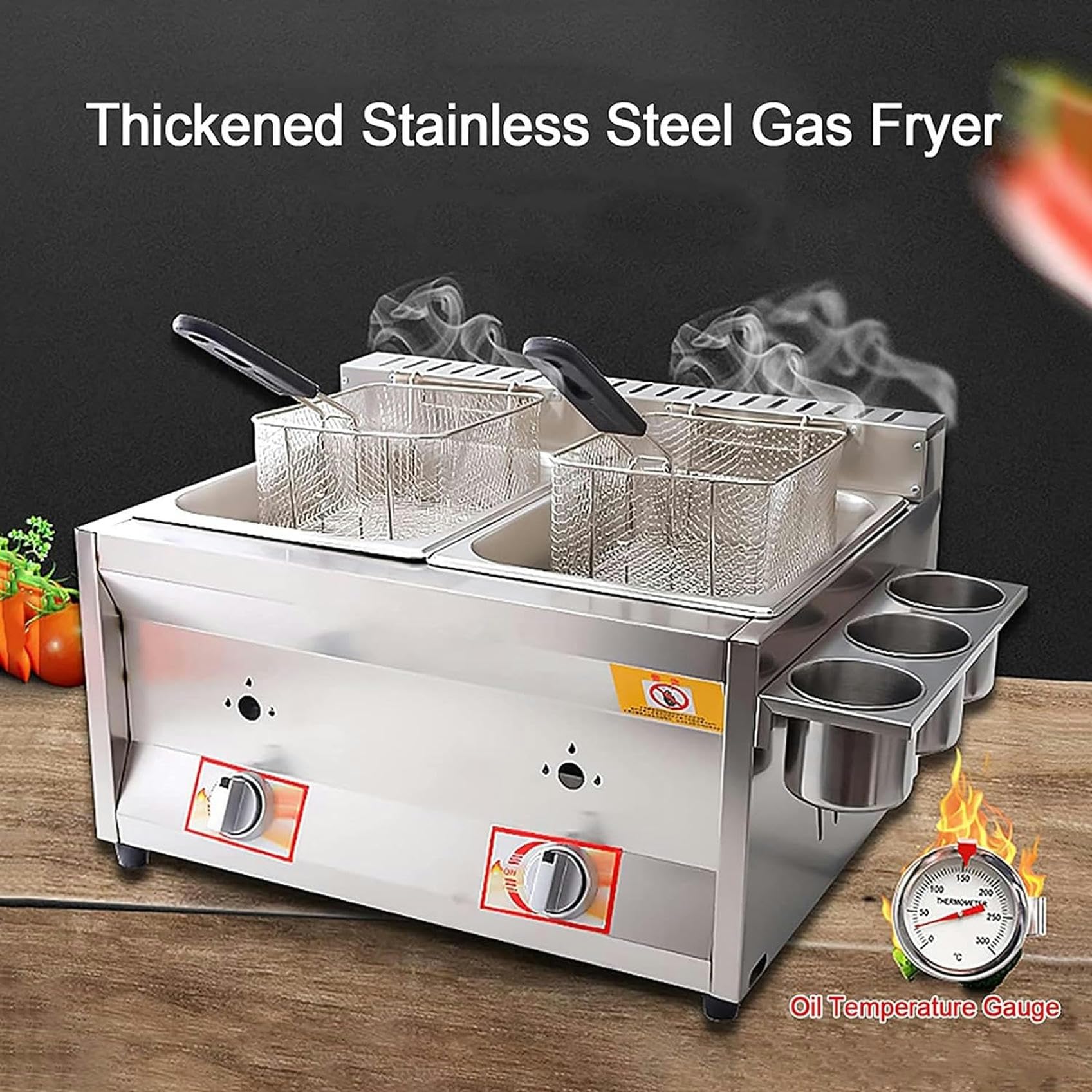 Friggitrice a gas professionale, friggitrice a gas professionale, friggitrice a doppia pentola a bassa pressione da banco in acciaio inossidabile da 10 l, con cestelli e coperchi per friggere, fr