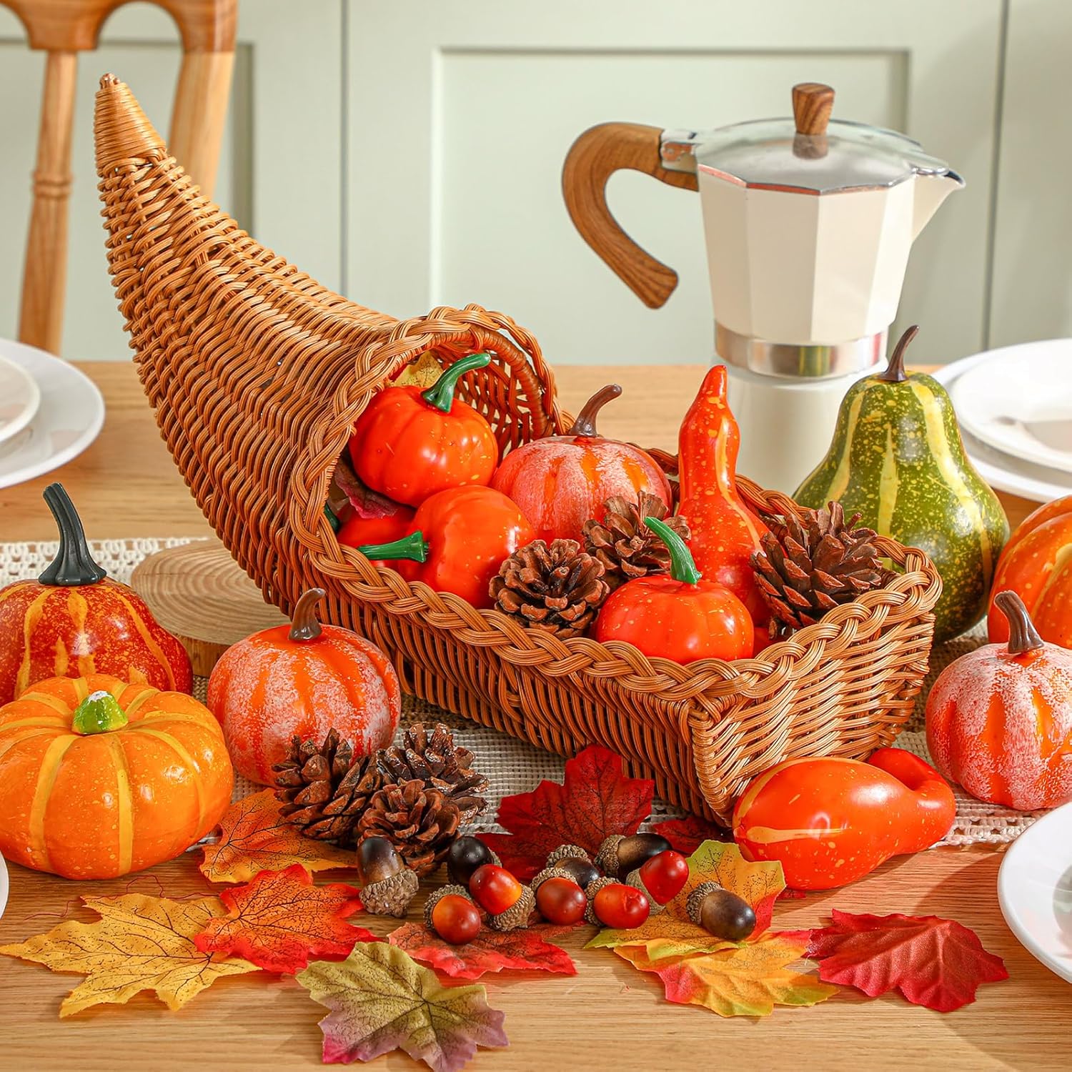 Thanksgiving Cornucopia Basket Set 13.78 Inch Cornucopia Horn of Plenty with 100 Pcs Artificial Pumpkins Acorns Leaves for Thanksgiving Table Centerpieces Fall Harvest Party Farmhouse Home Decoration