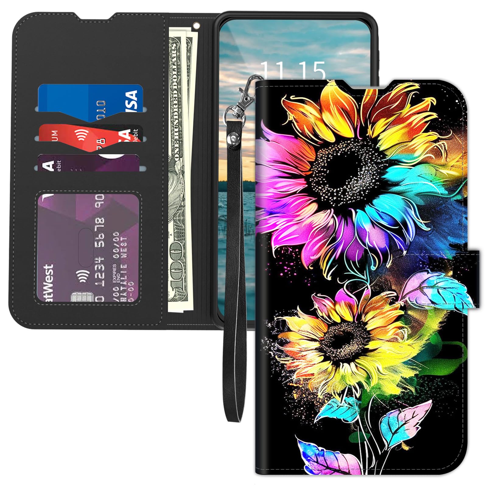 For Google Pixel 9 Pro XL (2024) Wallet Case,with Card Holder Wrist Strap,Leather Flip Folio Magnetic Clasp Kickstand,Drop Protection TPU Inner Case For Pixel 9 Pro XL,Colorful Sunflower - View #4