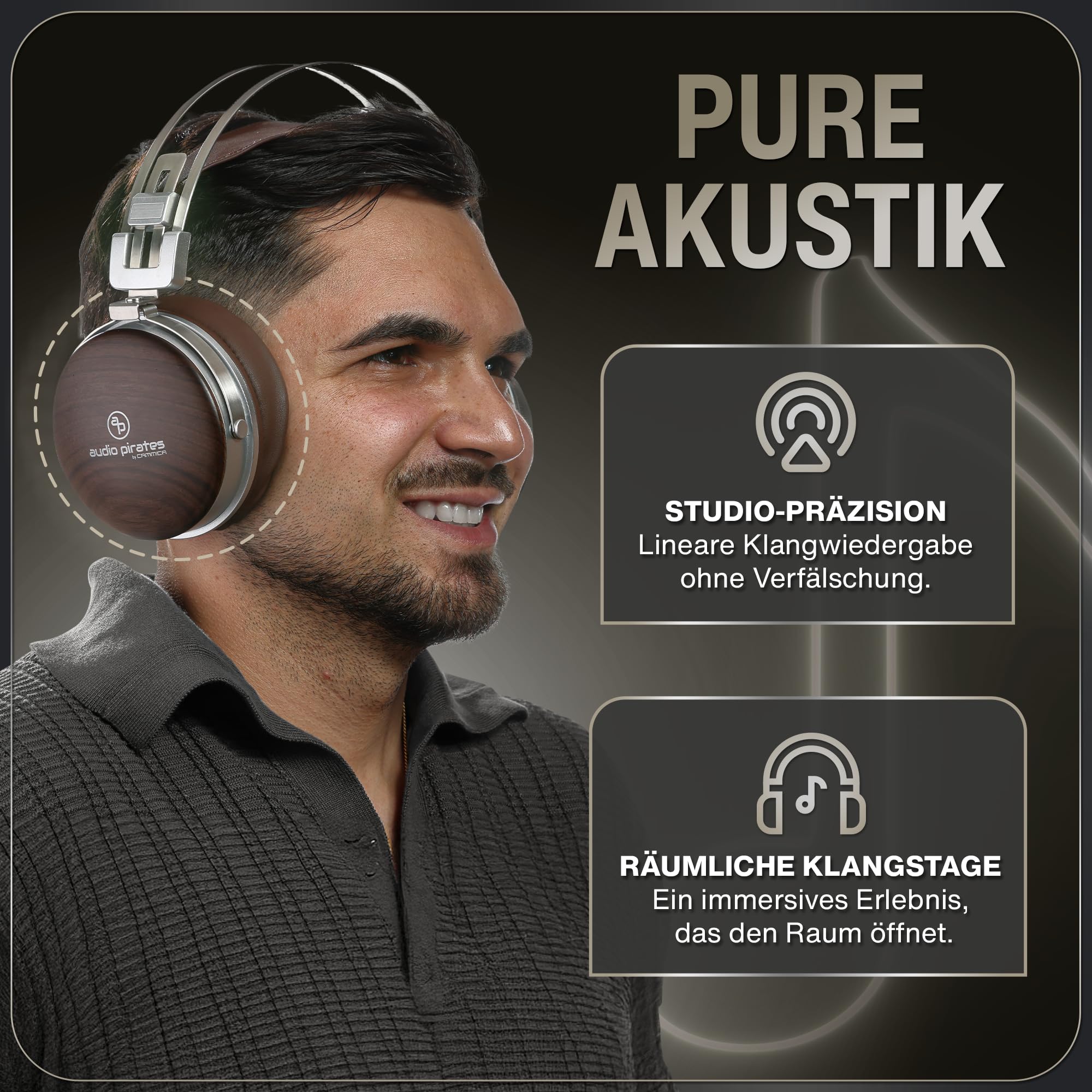 audio pirates Carlos Over-Ear HiFi-Kopfhörer aus Echtholz – Studio Monitor Kopfhörer kabelgebunden mit Mikrofon, inkl. Case, 1,5m & 3m Kabel, 6,3mm Adapter | Excellence Collection