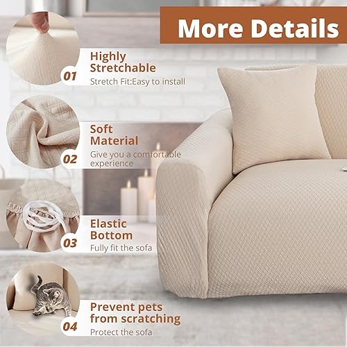 Miniatura 3 de Funda elástica impermeable para sofá con reposabrazos, funda protectora contra manchas con forro (beige, 2 asientos (57 a 70 pulgadas)