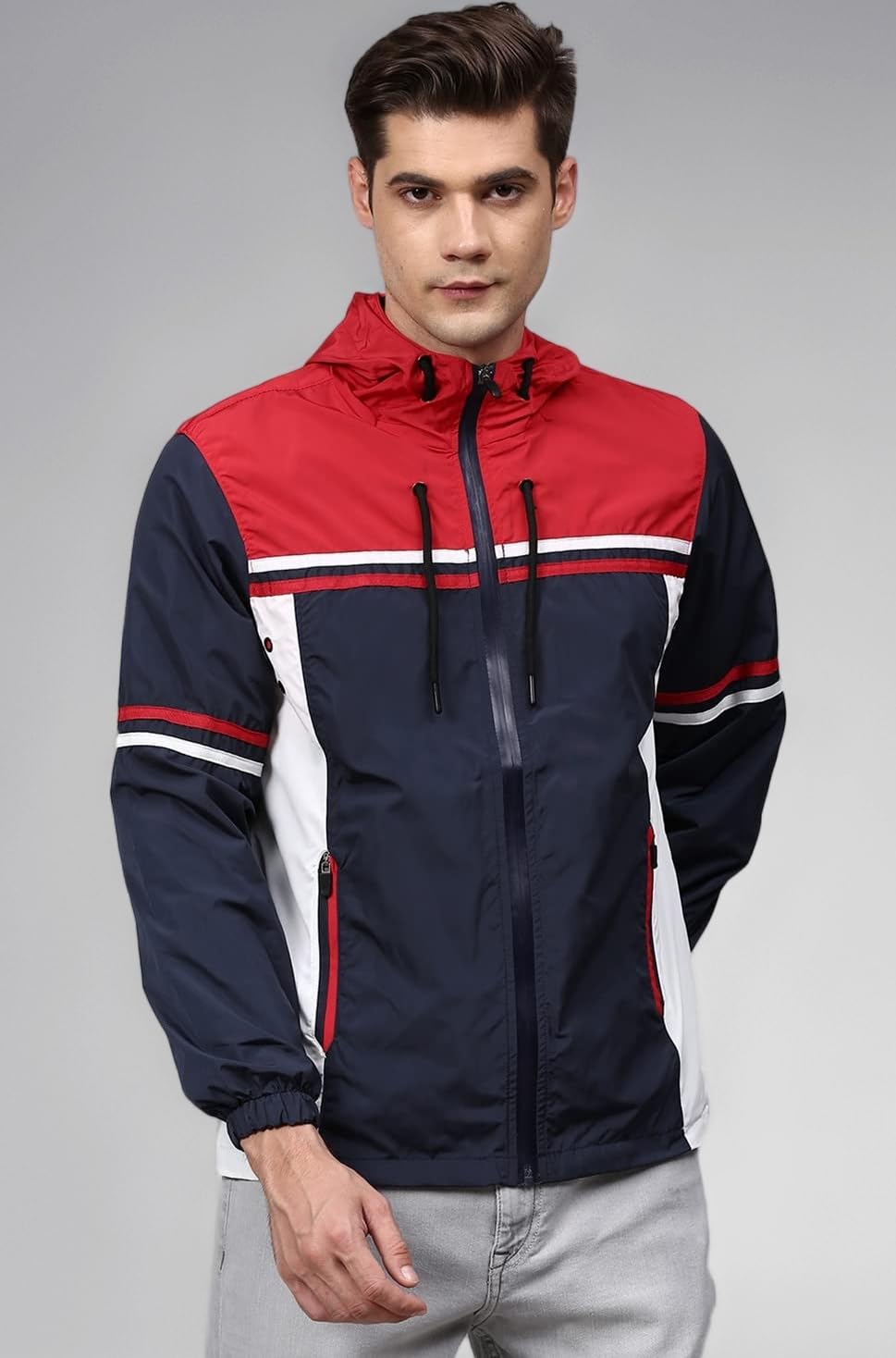 Men's Black & Grey Zip-Front Jacket with Open-Angled Pocket for Casual Wear | Low-High Neck | Long Sleeve | Zipper Closure | Cotton Jacket Crafted with Comfort Fit for Everyday Wear