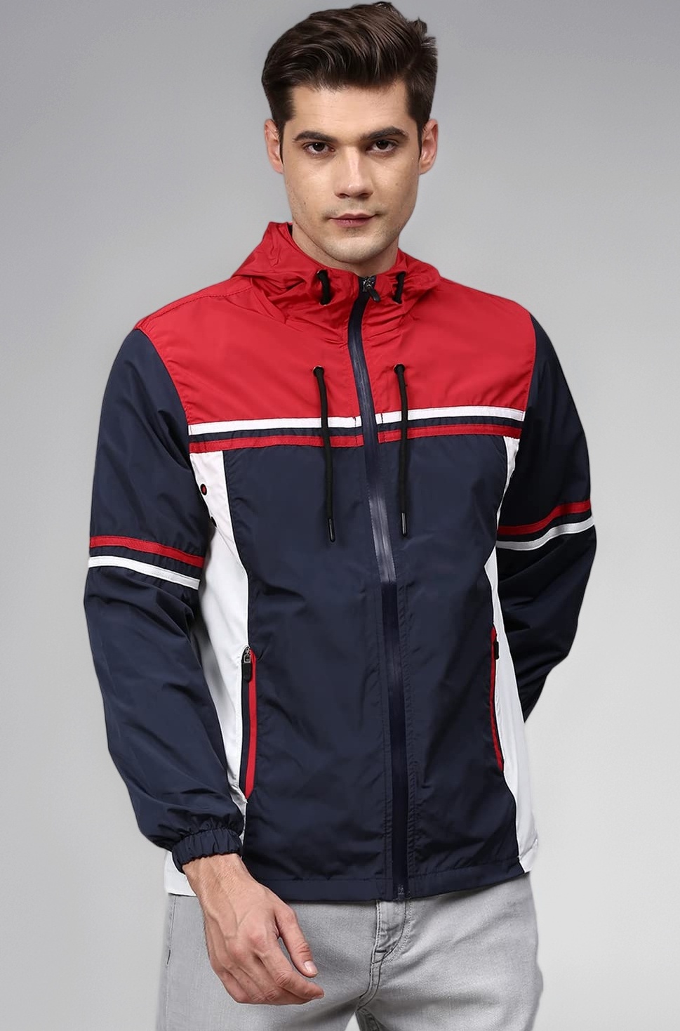 Men's Black & Grey Zip-Front Jacket with Open-Angled Pocket for Casual Wear | Low-High Neck | Long Sleeve | Zipper Closure | Cotton Jacket Crafted with Comfort Fit for Everyday Wear