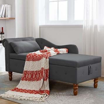 Bellemave Chaise Lounge Indoor, Velvet Upholstered Lounge Chair with Storage & Pillow Rolled Arm Chase Lounge Sofa with Nailhead Trim for Living Room Bedroom Office Black