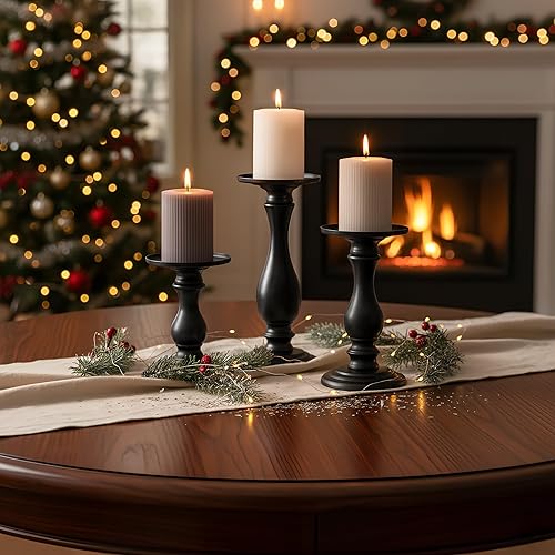 Miniatura 6 de Matte Black Pillar Candle Holders Set of 3-10", 8", 6”H Candlestick Candle Holder Stand, Mother's Day Home Decor Gift for Fireplace/Table