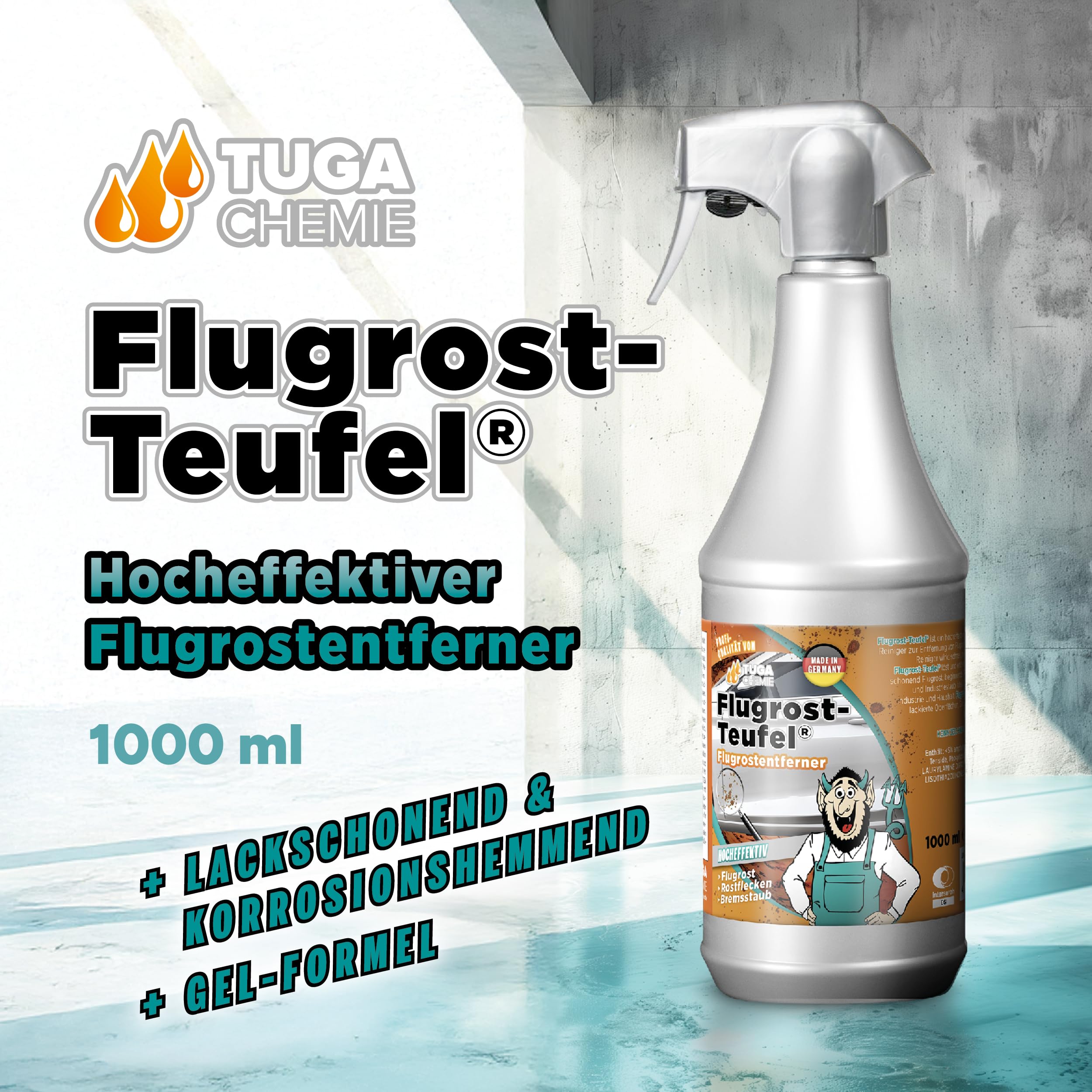 TUGA Chemie Flugrost-Teufel Flugrostentferner pH hautneutral, 5 L Kanister | für Lack, Chrom & Felgen, pH-hautneutral, mit Wirkindikator, Made in Germany