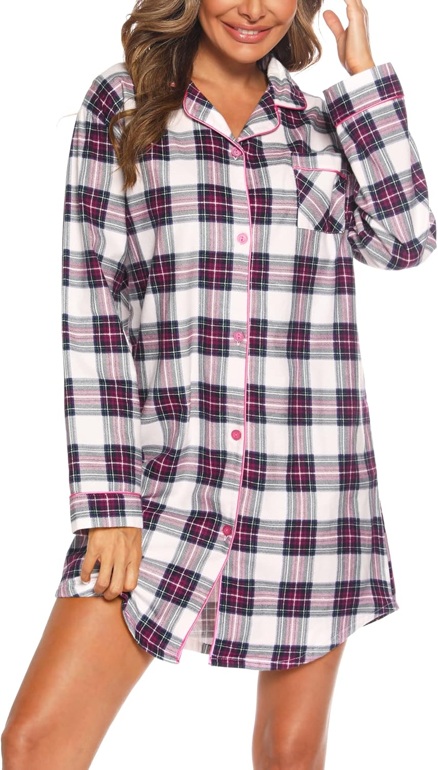 ENJOYNIGHT Women's Sleep Shirt Flannel Print Pajama Top Button-Front Nightshirt Sleepwear - Image 3