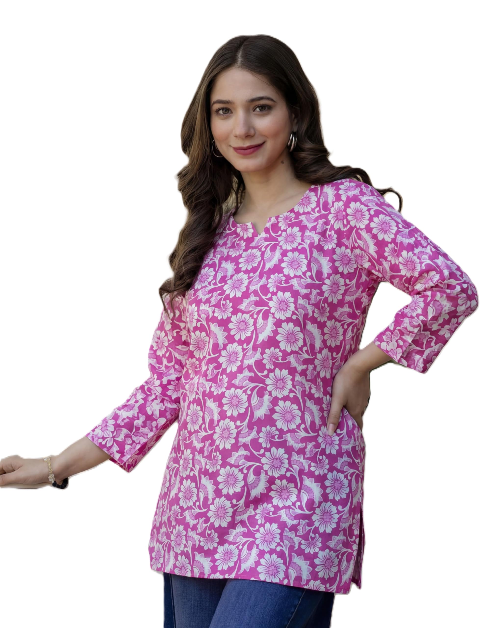 Rare Rabbit Womenâ€™s Pink Printed Short Kurti | Straight Fit | 3/4 Sleeve Floral Ethnic Top for Daily & Office Wear in pink