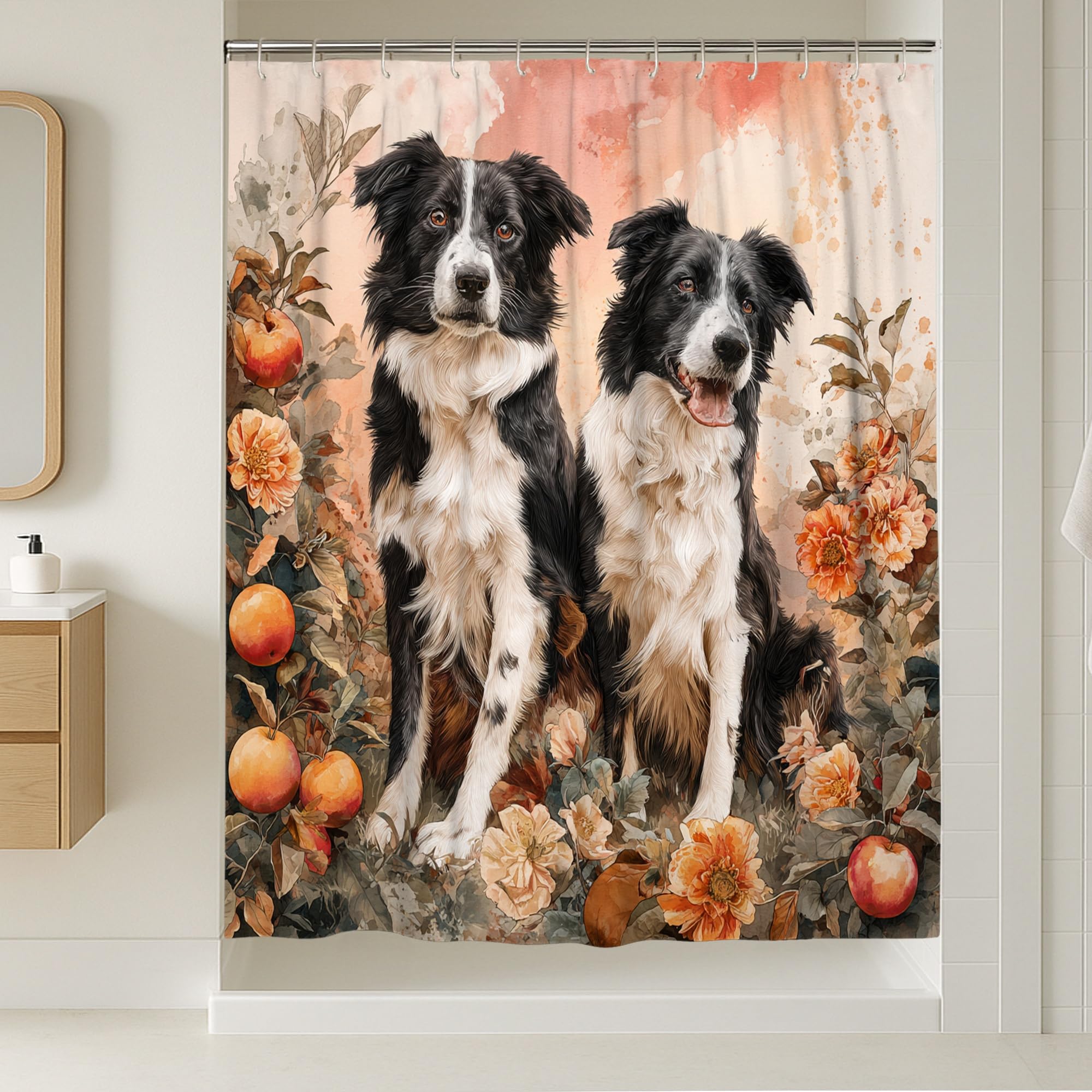 Border Collie Shower Curtain, Floral Peach Orange Green Bathroom Decor, Spring Summer Modern Art Waterproof Fabric Shower Curtain with Hooks 54x78 Inch