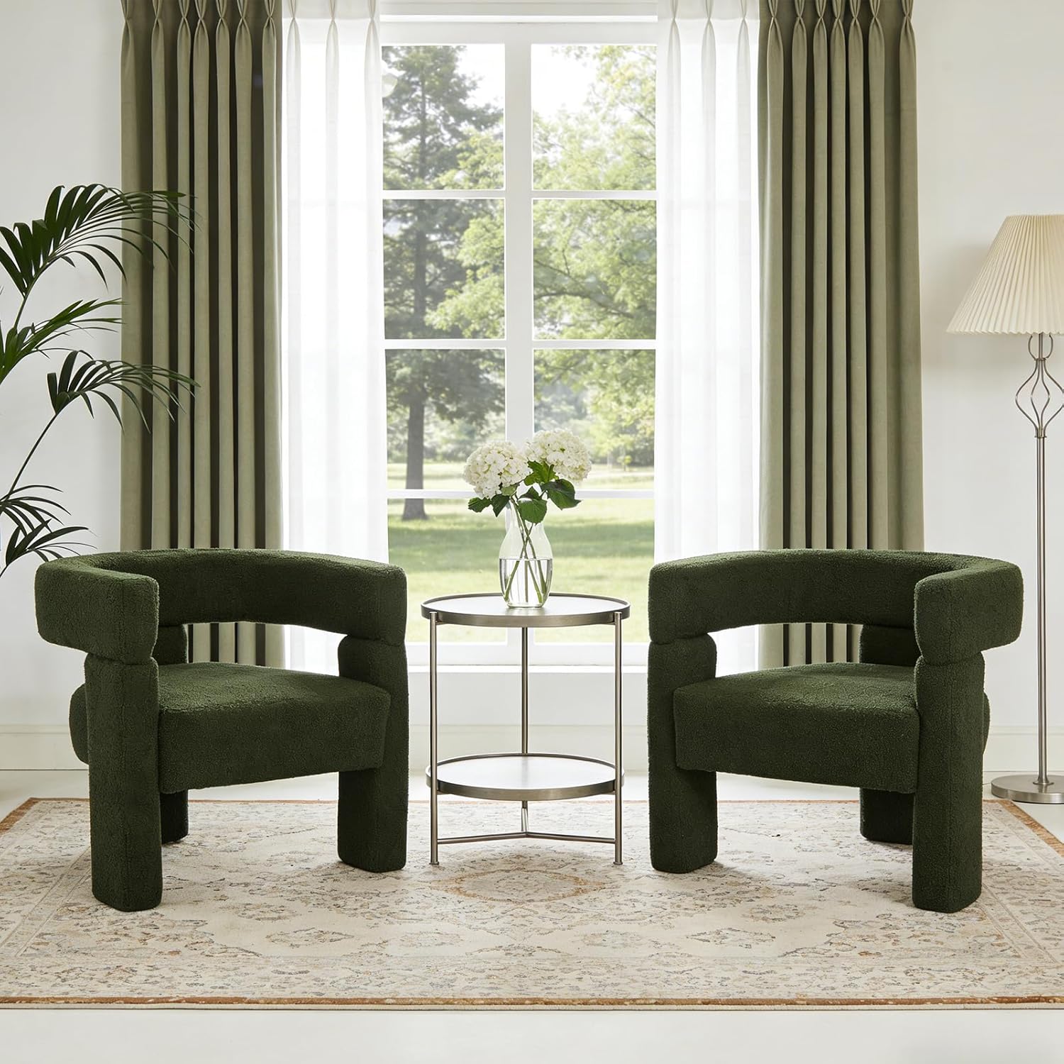 Sherpa Barrel Dining Chairs Set of 2, Upholstered Boucle Accent Kitchen Chairs with Arms, Comfy Faux Fur Side Chair Modern Armchair for Dining Room, Bedroom, Home Office, Green