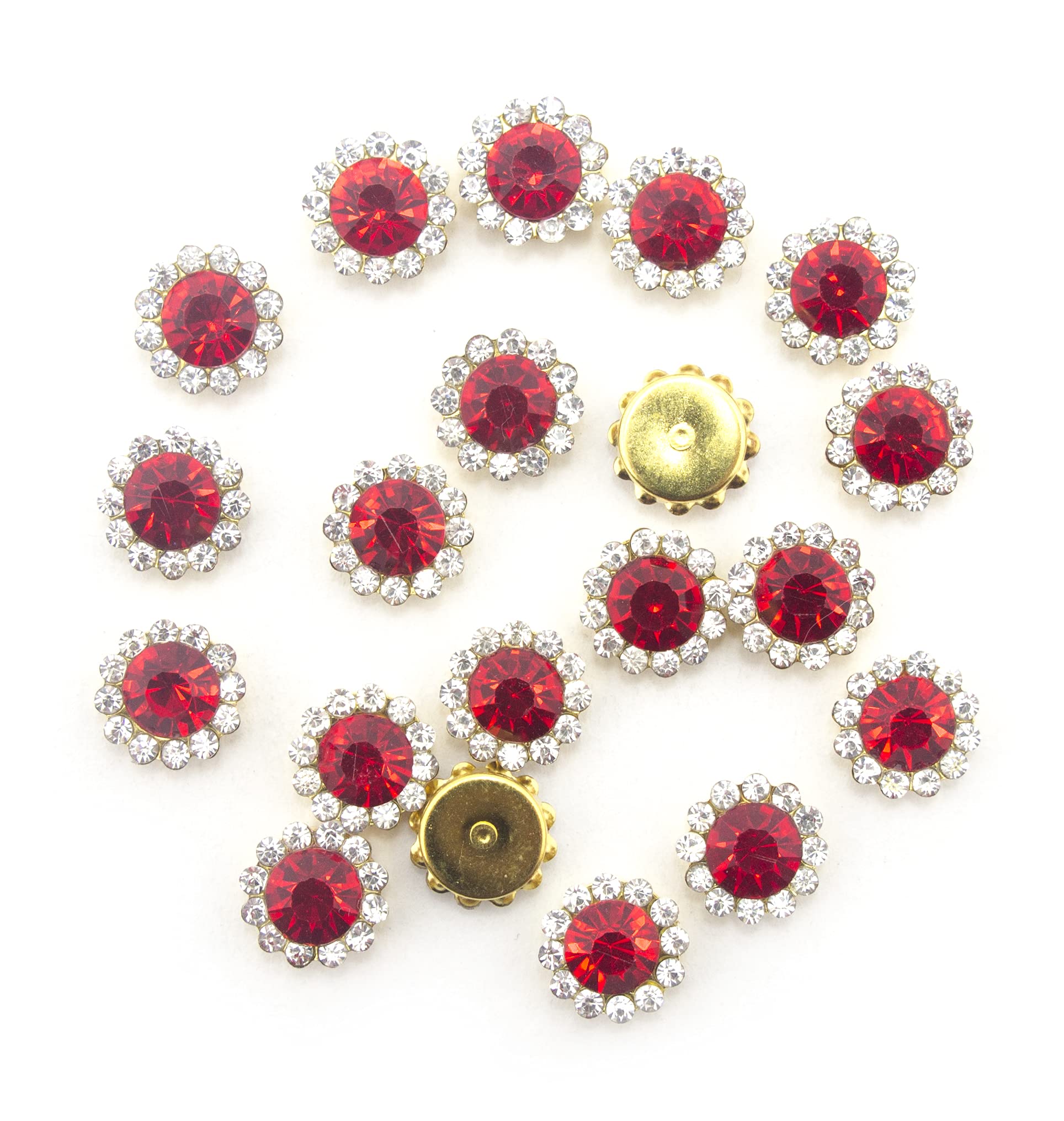Lot de 20 décorations à coudre rondes dorées HAND® cristal rouge blanc 11,8 mm