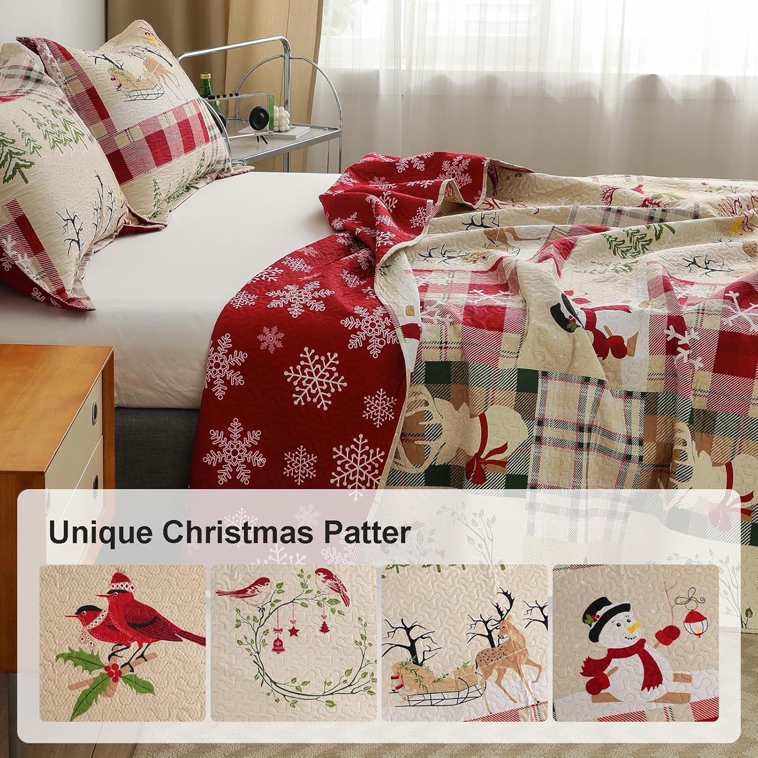 Christmas Quilts Set Queen Size Reversible Xmas Bedding Rustic Lodge Quilt Plaid Bedspread Breathable Snowmen Reindeer Coverlet Soft Lightweight Christmas Bedding Decor(90"x90")