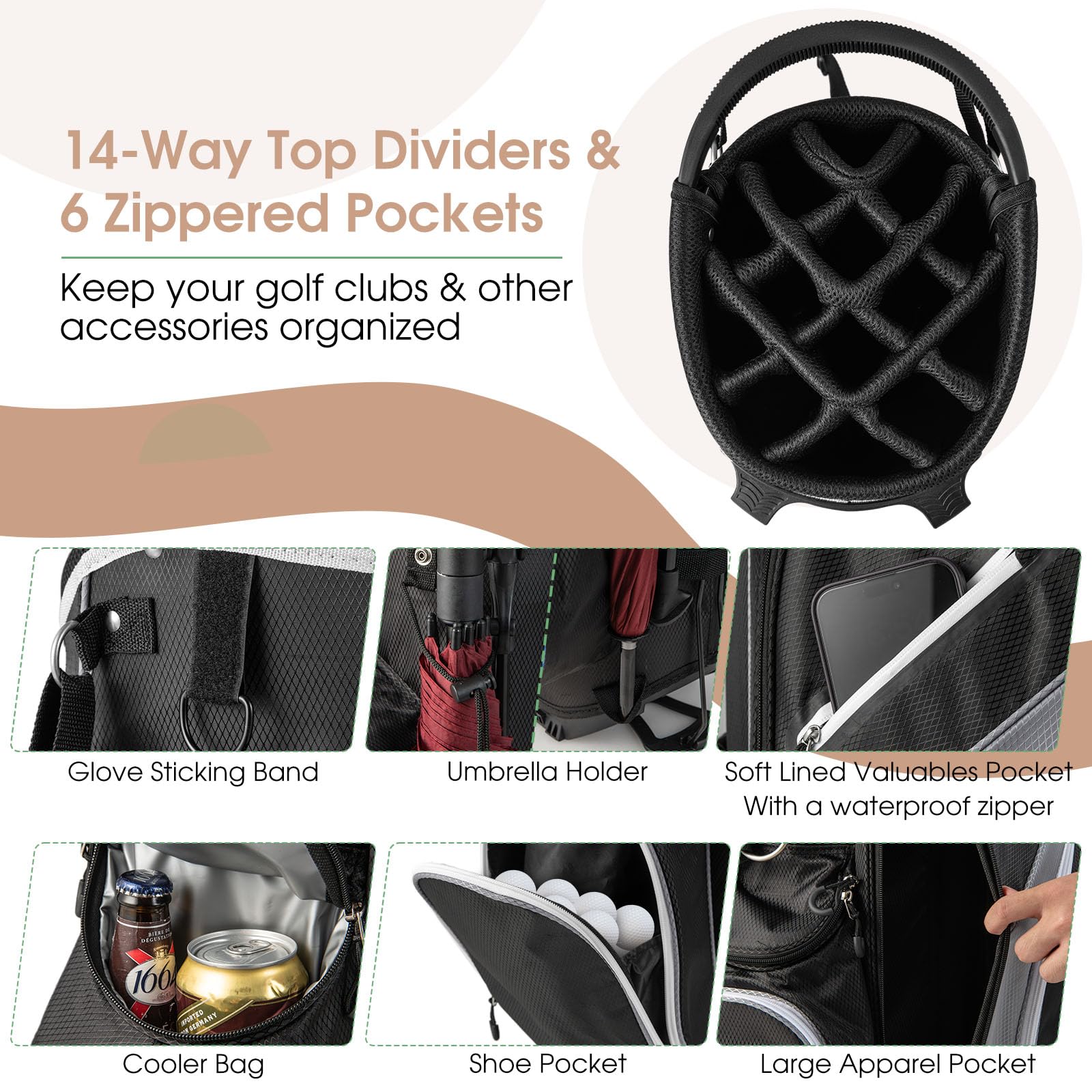 LIFEZEAL Borsa da golf con supporto, borsa da golf a 14 scomparti, borsa da golf leggera con doppie bretelle, 6 tasche con cerniera, custodia antipioggia, per uomini e donne