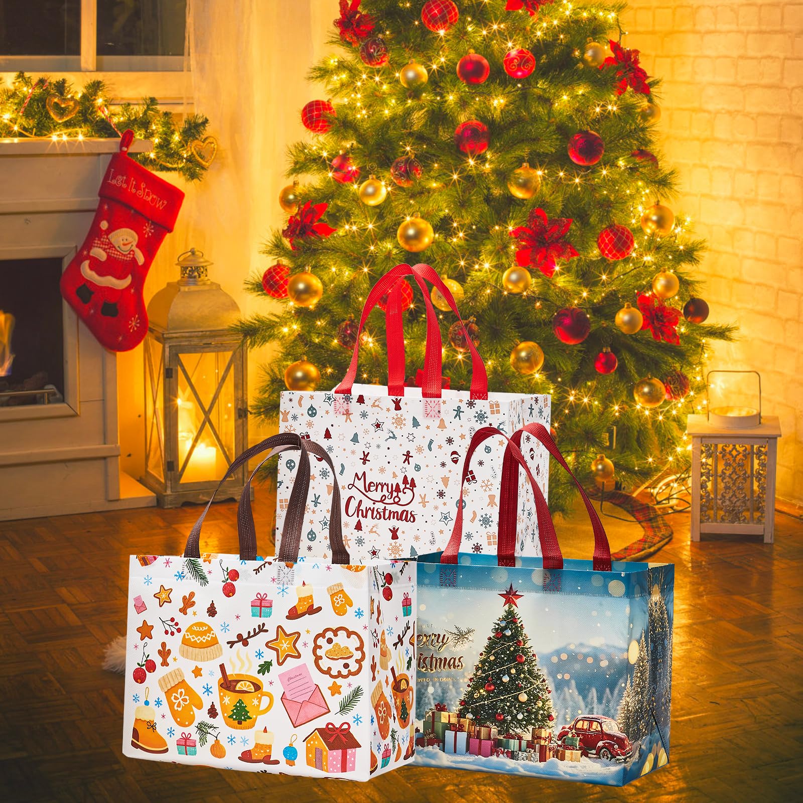 sishunhang 8PCS Christmas Gift Bags, Large Non-Woven Tote Bags with Handle For Christmas Event Party Wrapping Shopping, Xmas Party Supplies 12.8"*6.7"*9.8"