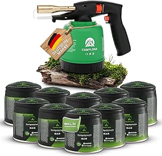 CAMPLORA Soplete Con Encendido Piezoeléctrico y 10 Cartuchos de 190g, Quemador de Gas Para Taller, Soldador Bunsenbrenner