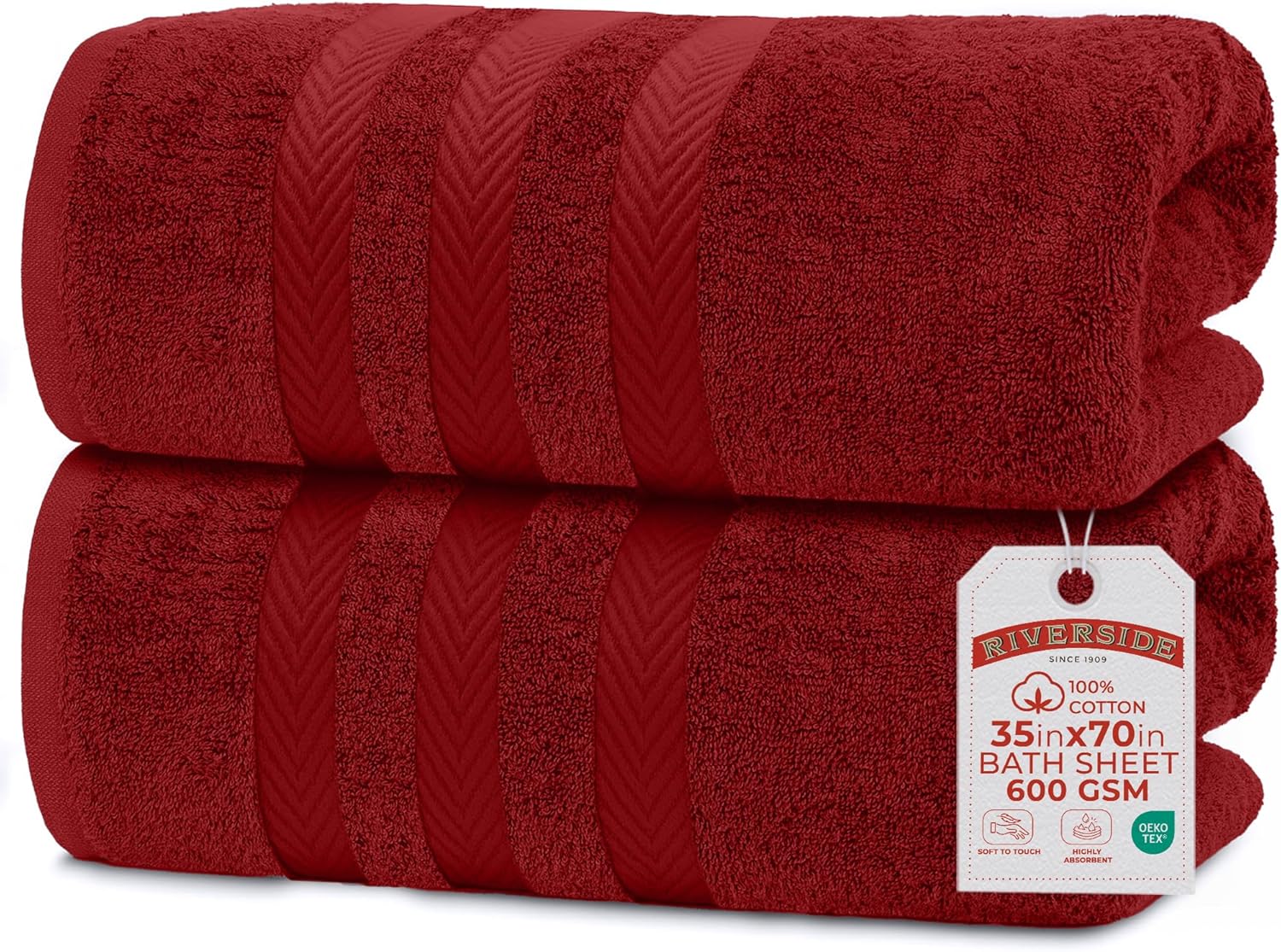 RIVERSIDE Pack of 2 Extra Large Bath Sheets 35 x 70 Inches - 100% Ring Spun Cotton Hotel Quality Oversized Bath Towels - Super Soft, Highly Absorbent & Quicker to Dry - Red